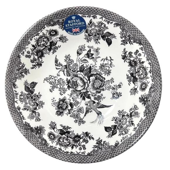 ROYAL STAFFORD Asiatic Pheasant Pasta Bowls 8.75" Black & White Set of 4 NEW - Picture 1 of 7